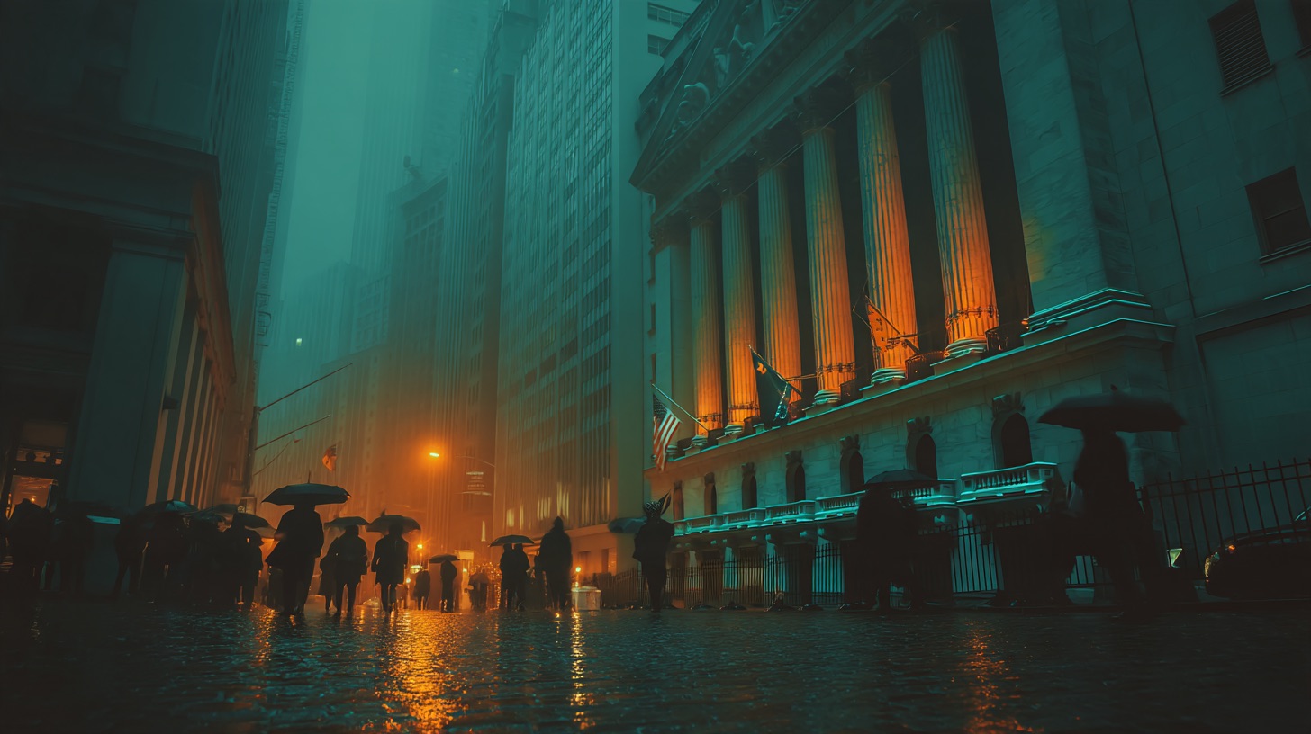 Wall Street at night in the rain, people with umbrellas outside the New York Stock Exchange