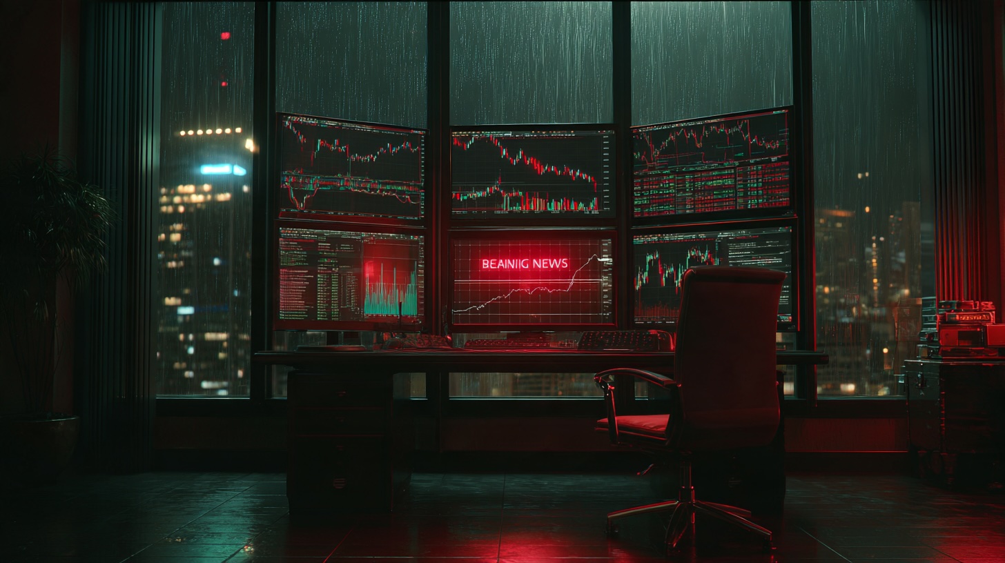 Trading screens in a dark room, a red falling candle and news headlines
